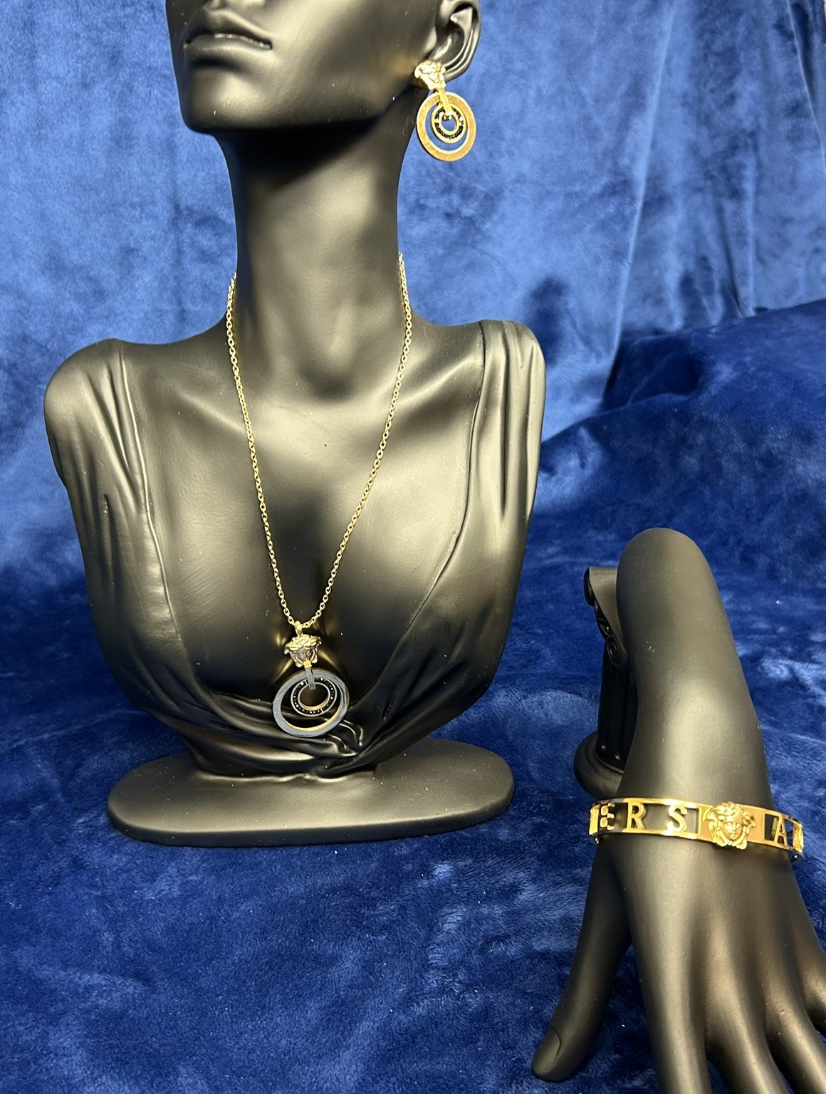 Gold-and-Black Circles: Versace-Inspired 4 Piece Jewelry Set